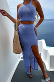 Sexy Vacation Solid Patchwork Slit O Neck Sleeveless Two Pieces(4 Colors)