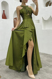 Elegant Formal Solid Slit Asymmetrical Halter Evening Dress Dresses