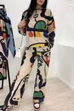 Casual Geometric Print Pocket O Neck Long Sleeve Two Pieces