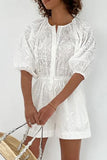 Casual Simplicity Solid Hollowed Out Draw String Pocket O Neck Loose Rompers