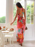 Sexy Floral Print Lace Up Backless Strap Design V Neck One Step Skirt Dresses