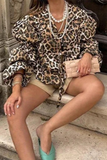 Casual Leopard Print Lace Up Turndown Collar Blouses