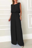 Casual Solid Backless O Neck Regular Jumpsuits