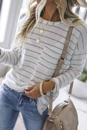solelytrend Striped  With Pocket Long Sleeve Top
