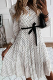 solelytrend Elegant White Black Dot Print Round Neck Tie Midi Dress