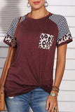 solelytrend Patchwork Leopard Striped Wine Red T-shirt