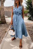 solelytrend Sleeveless Lace-Up Single-Breasted Denim Midi Dress