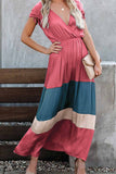 solelytrend Summer Loose Multicolor Stitching V-Neck Short Sleeves Midi Dress